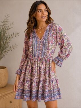 Boho Floral V-Neck Tiered Mini Dress in Pink
